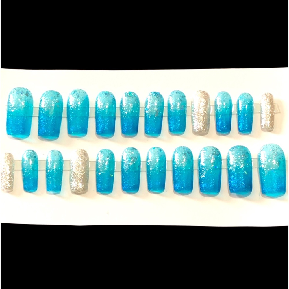 Handmade Press on Nails Long Square UV Gel Jelly Blue Ombré Sparkle Nails
